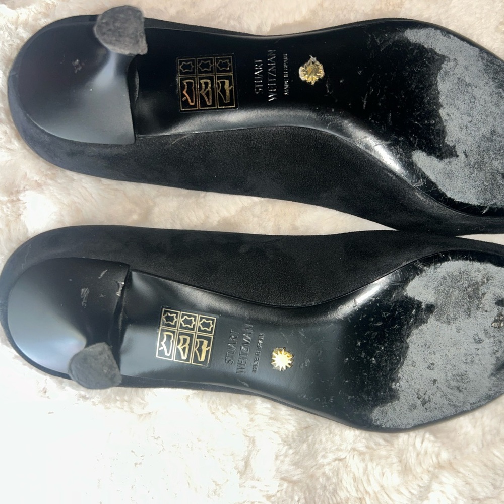 Preloved Stuart Weitzman Black Suede Leather Pointed Toe Kitten Heels Size 7B - Picture 8 of 11